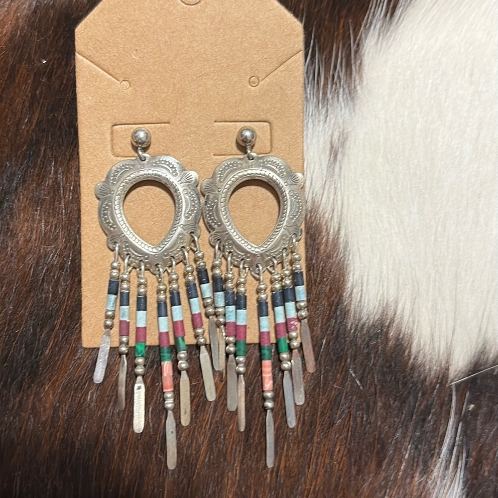 Zuni Sterling Silver 925 Multi Stone Open Concho Drop Earrings.